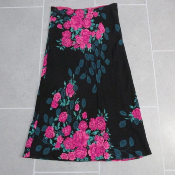 Sheer Black Midi Skirt with Pink Roses, Size L - Picture 1 of 5